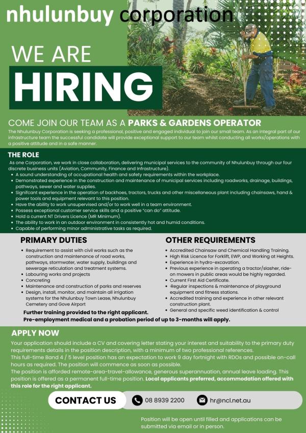 Parks and Gardens Operator - hiring ad